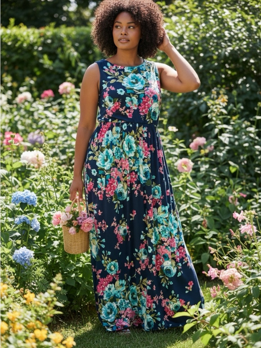 Navy Floral Sleeveless Maxi Dress with Turquoise & Pink Blooms w/pockets